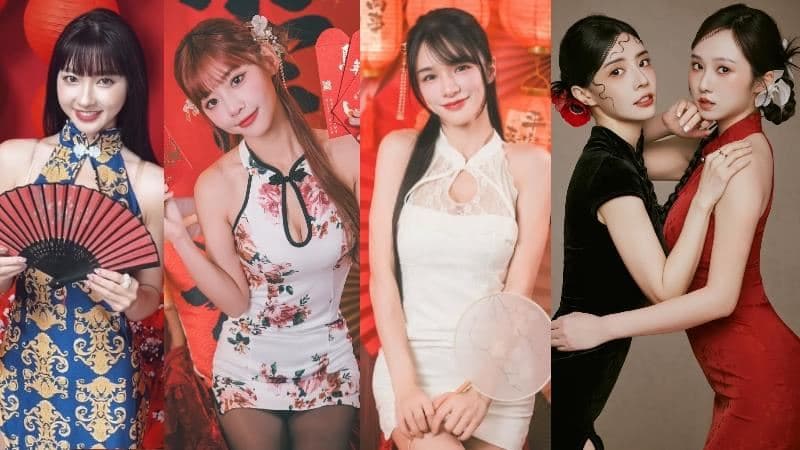 啦啦隊女神,小映(左起)、林岱縈、斐棋、艾融、張愛紛紛穿上旗袍熱舞拜年。(組合圖/翻攝自IG)