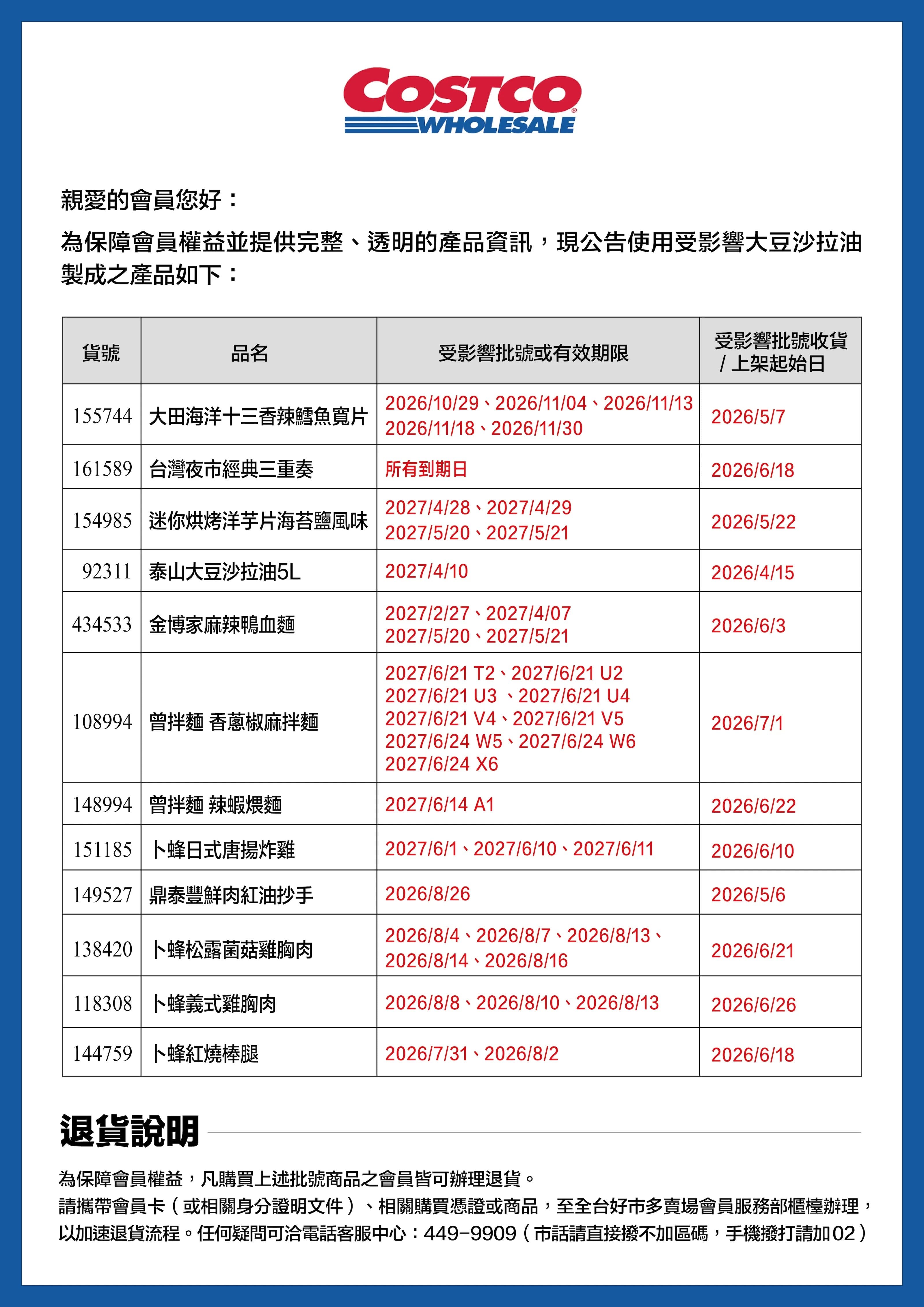 好市多公布受致癌油影響的商品列表，會員可依循辦法退法。（翻攝好市多網站）