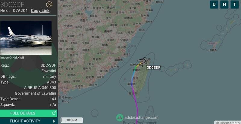 據即時航班追蹤平台資訊,一架隸屬於史瓦帝尼政府(Government of Eswatini)的空中巴士A340-300專機4月30日飛抵台灣。(圖擷取自X平台@MenchOsint)