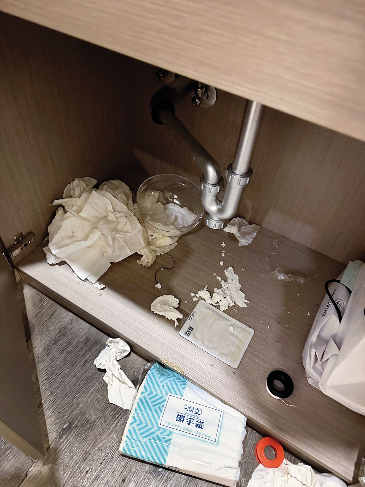 診所美容室的櫃子被老鼠占據產子,現場屎尿充斥、臭氣沖天。(讀者提供)