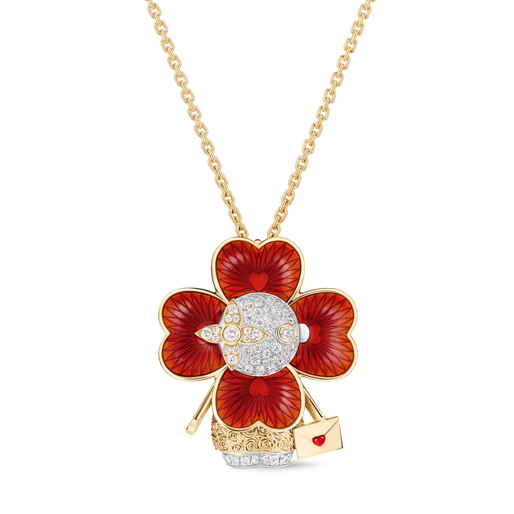 紅色琺瑯心形Vivieene與鑽石吊墜(可當胸針)。NT$1,420,000(獨家商品)(LOUIS VUITTON提供)