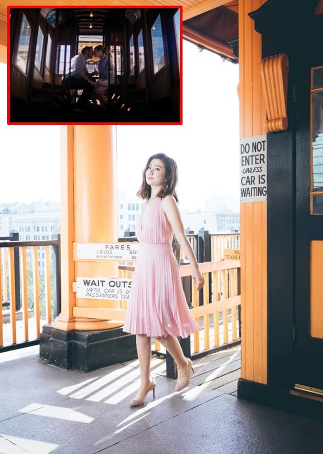 在纜車站旁,Selina優雅輕拉裙襬若有所思,原來她當時腦中想的是「有錢人為了不想走路,短短100公尺也願意花錢蓋鐵軌!」