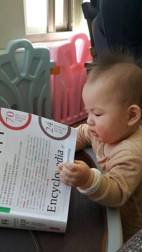 鄭麗君曾在臉書放上兒子約一歲時的萌照,還寫下沒時間看育兒百科的狀態。(翻攝自鄭麗君臉書)