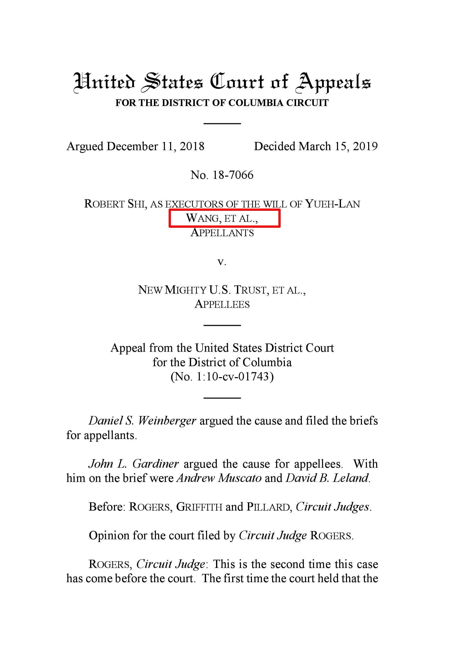 美國哥倫比亞特區聯邦上訴法院裁定書,針對王文洋以王月蘭「WANG,ET AL.」為名(紅框處)提出的爭產訴訟,裁定應實質審理。