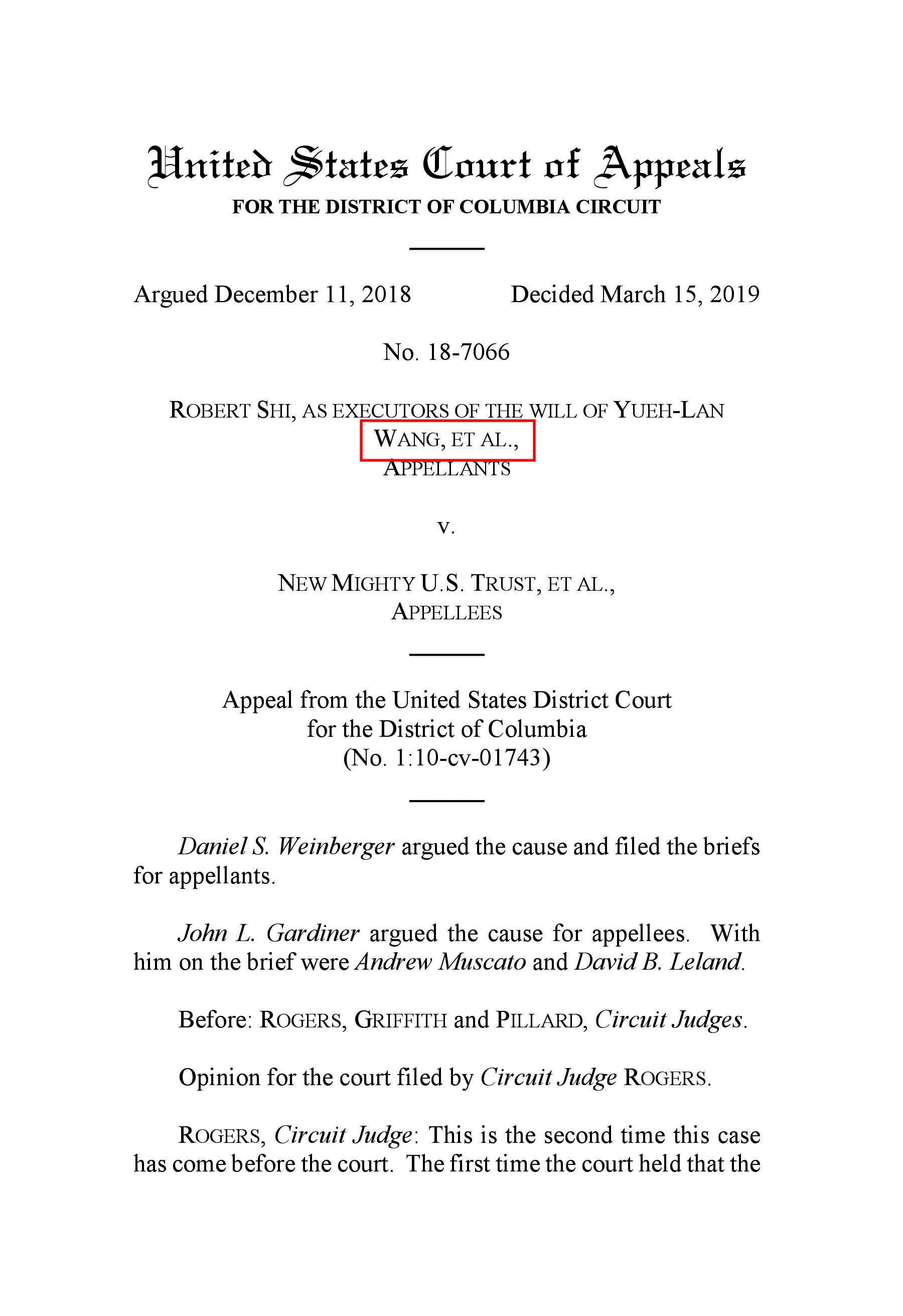 美國哥倫比亞特區聯邦上訴法院裁定書,針對王文洋以王月蘭「WANG,ET AL.」為名(紅框處)提出的爭產訴訟,裁定應實質審理。
