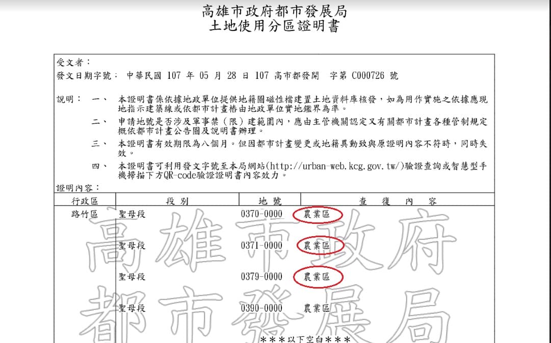 高市都發局土地使用分區證明書記載,啟照違建的土地用途為農業區。(翻攝畫面)