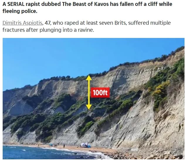 艾斯皮歐提斯從約100英呎高的山崖墜落,竟「大難不死」。(翻攝The Sun網站)