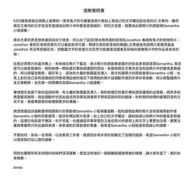 Annie在IG公開道歉聲明書,向粉絲及被盜圖的原創作者道歉。(翻攝自Annie IG)