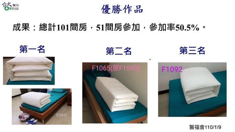 第一名連鋼盆、藍白拖都擺放得整整齊齊。(醫福會提供)