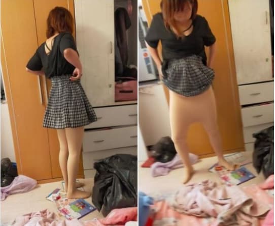 媽媽被拍下「肉色下體」,有網友笑回:「還以為在換衣服,原來是奇行種」。(翻攝自爆廢公社二館臉書)