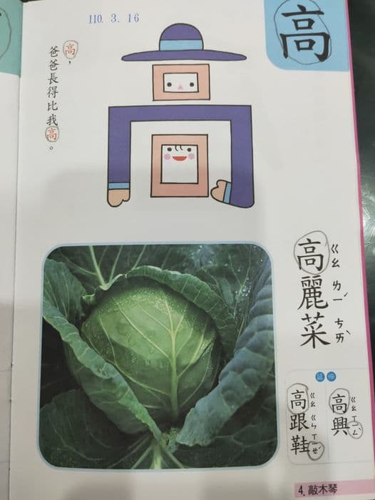 網友發文指孩子課本中的高「麗」菜注音為二聲「ㄌ一ˊ」。(翻攝自爆廢1公社)