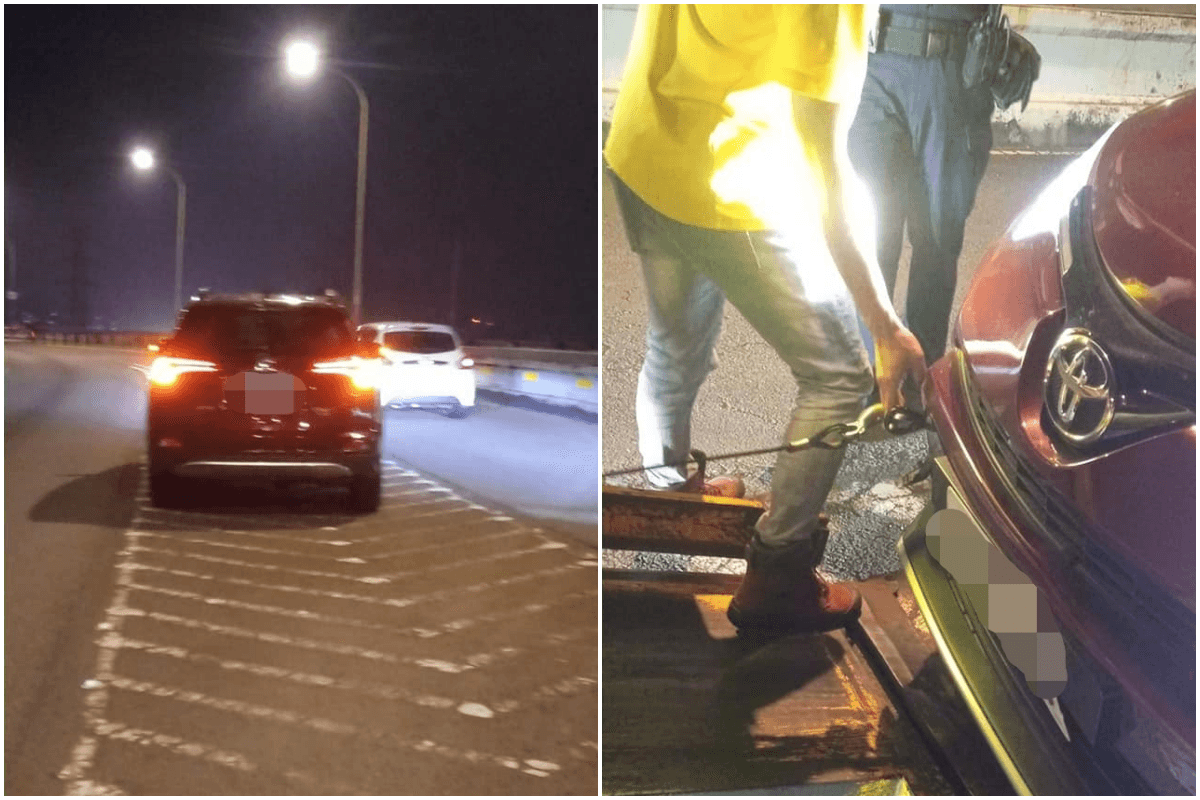 女駕駛緊急聯絡道路救援,對方冷靜安撫,立即判斷只能拖吊。(翻攝自臉書社團「爆廢1公社」)