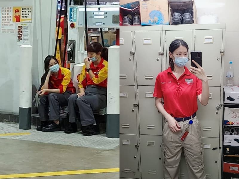 香港網友先討論左圖殼牌加油站的正妹工讀生,隨後又有右圖ESSO加油站正妹員工參戰。(翻攝自今日有嘢講Today Review67臉書)