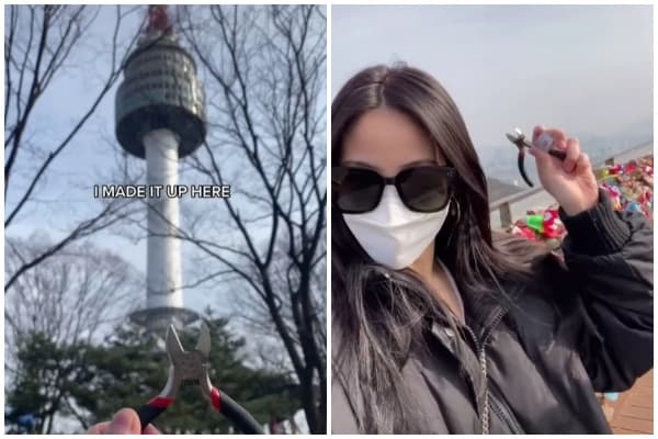 凱西在密密麻麻的鎖牆上,成功找到當初的愛情鎖。(翻攝自Kassie Yeung TikTok)
