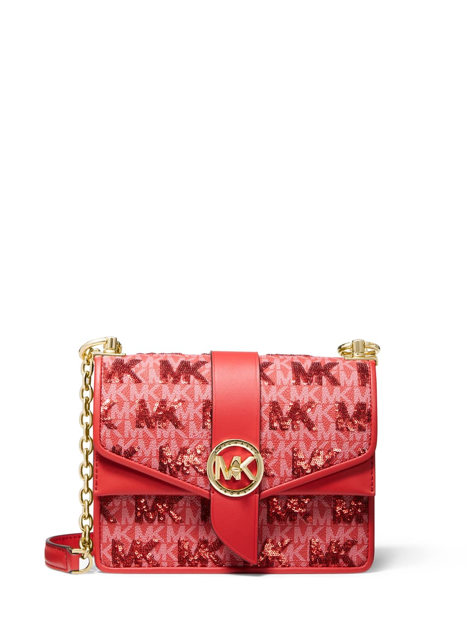 Greenwich 紅色印花鍊帶包。NT$18,700(MICHAEL KORS提供)