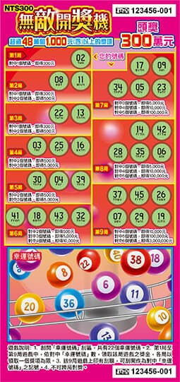 「無敵開獎機」每張售價300元，頭獎300萬元共有5個，1,000元以上的獎項超過48萬個，總中獎率38％。（台彩提供）