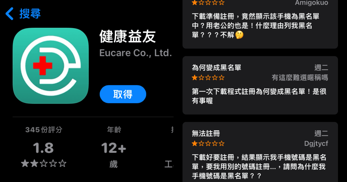 「健康益友」App被刷整排負評，僅剩1.8顆星。（翻攝自App Store）