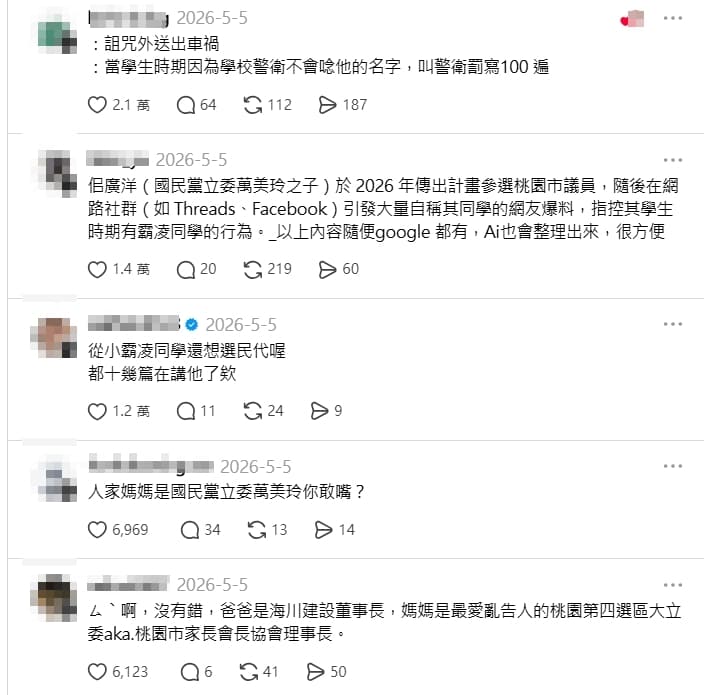 佀廣洋在社群屢屢被爆出過去霸凌同學。(翻攝自Threads)