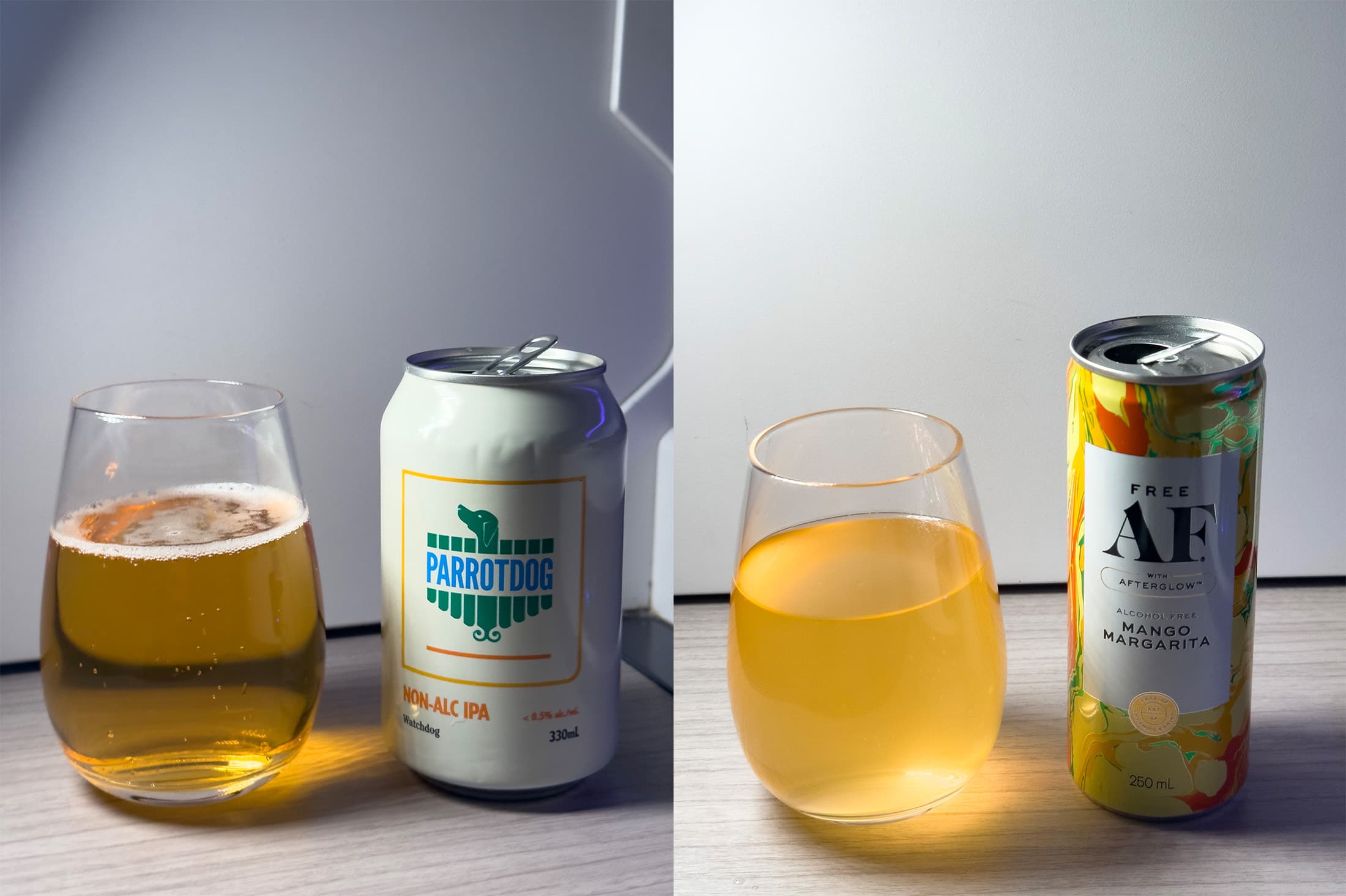 除了酒精飲品,機上也提供Parrotdog Watchdog Non-AIc IPA(左)、Free AF芒果瑪格麗塔(右)等無酒精選擇。