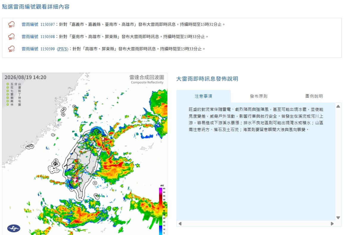 中央氣象署發布大雷雨即時訊息。(翻攝自中央氣象署官網)