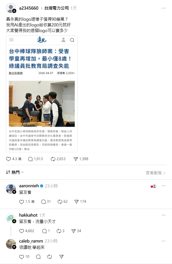 許多網友開始實測,只要打聶永真相關的內容,就算圖文不符也會有高流量。(翻攝自Threads)