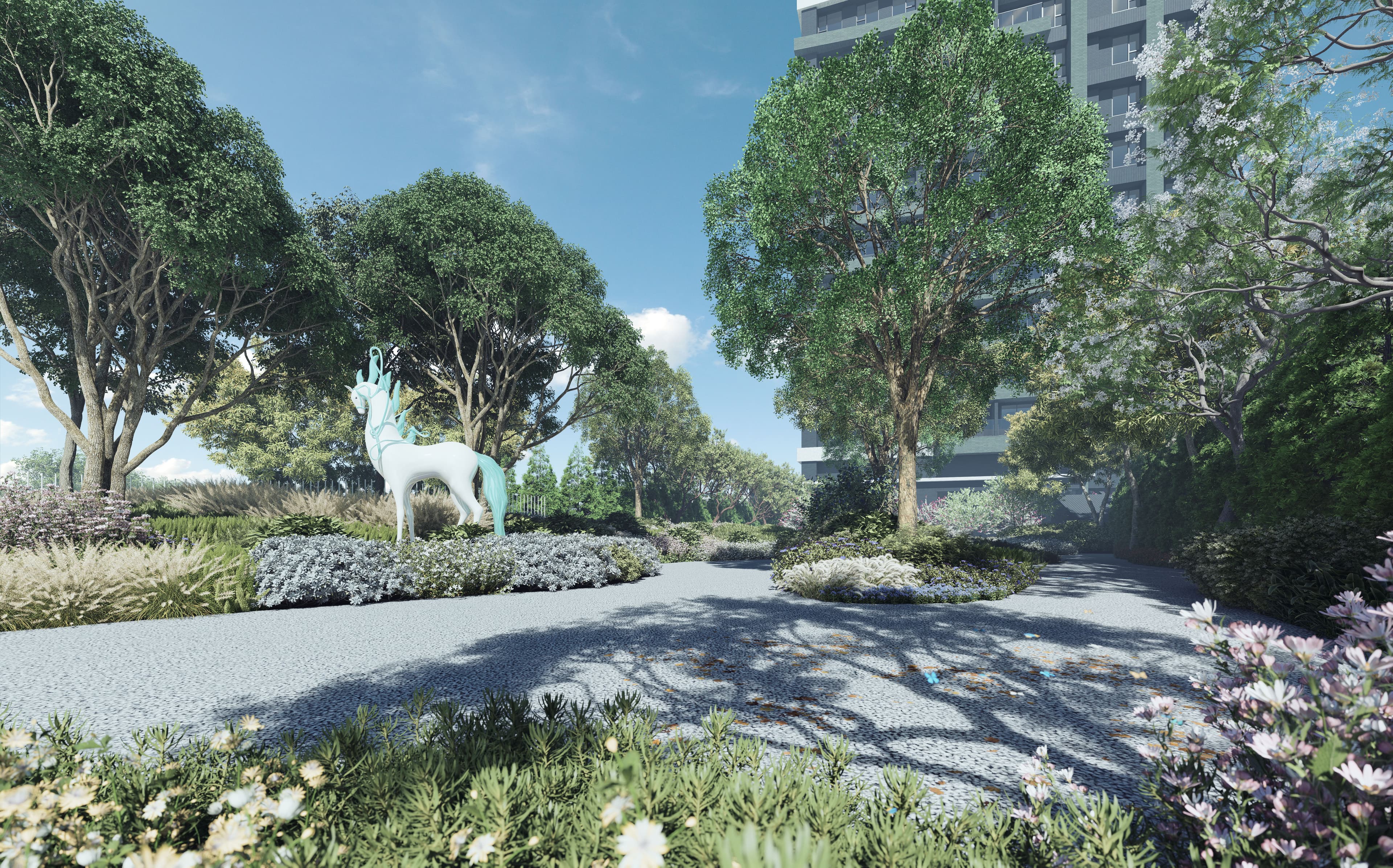 「鴻萃」庭園景觀由太研規劃設計顧問有限公司、吳書原操刀,以「小小森林」為概念,在狹長基地中保留綠意與留白,回到讓人住得舒適、能慢下來的居住初衷。(圖/鴻柏建設)