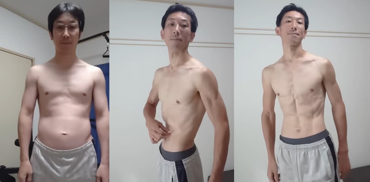 Tasuke經過3年的訓練,從原本大叔身材變成精壯的猛男。(翻攝YT@tasuke challenge Hero Name【中年野良トレーニー】)