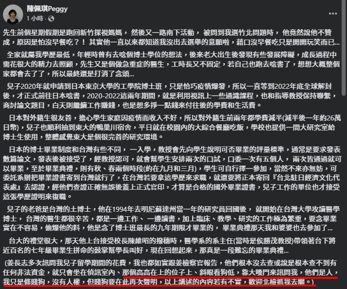 陳佩琪再次發長文。(翻攝自臉書@陳佩琪)