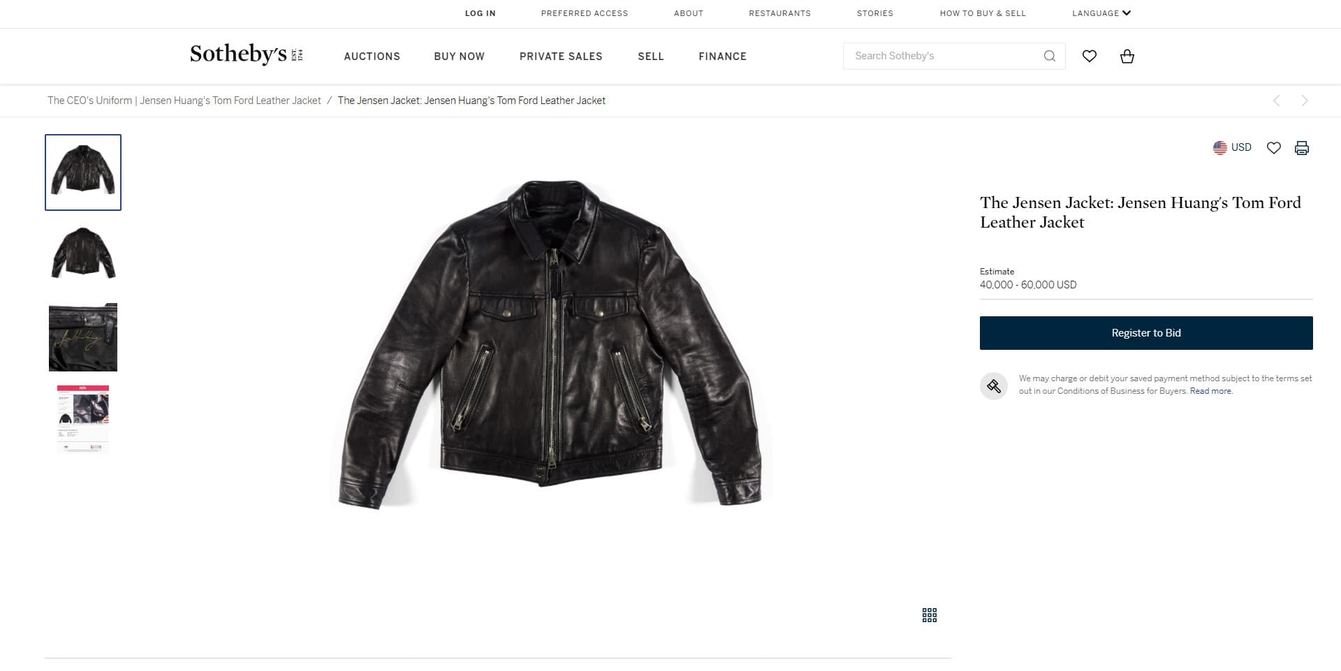 蘇富比將公開競標黃仁勳穿的Tom Ford黑色皮衣,預估成交價達4萬至6萬美元。(翻攝sothebys.com)
