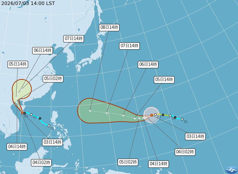 巴威颱風今天下午2點時,中心位置在北緯12.9度,東經154.2度,以每小時17公里速度,向西南西進行。(中央氣象署提供)