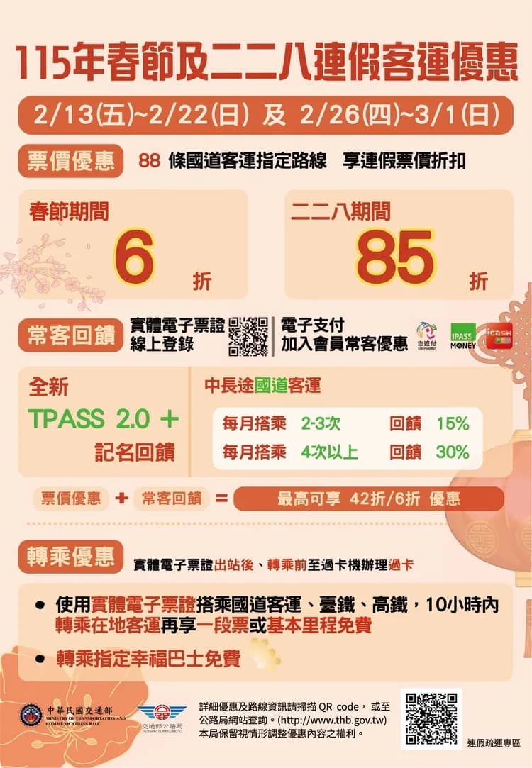 連假期間88條國道客運路線皆有優惠。(交通部提供)