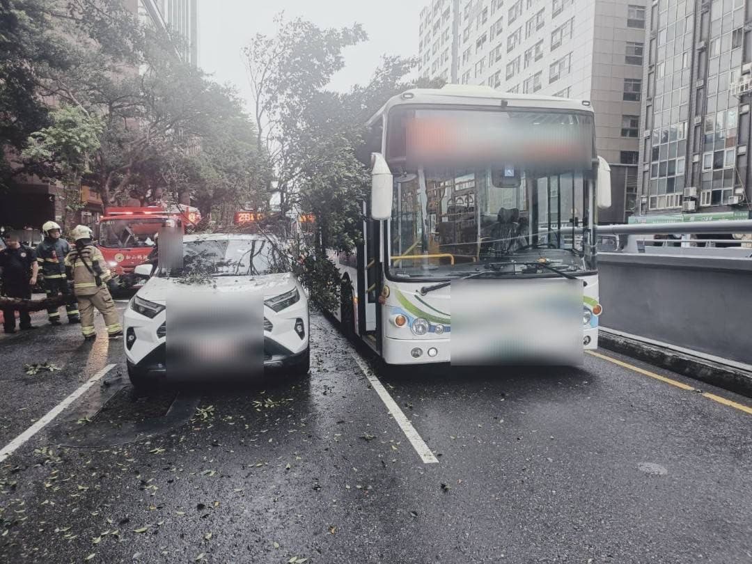 公車和多元計程車遭路樹重壓,造成2線車道一度封閉,現場交通大打結。(翻攝畫面)