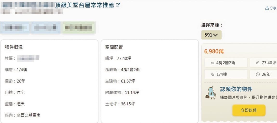 吳宗憲二女兒Vivian賣房,一開始開出物件總價6,980萬元,一坪價錢落在90萬元上下。(讀者提供)