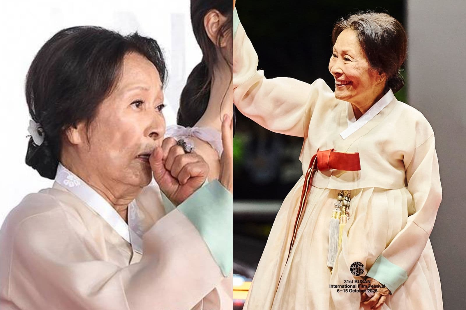 85歲的金惠子昨現身釜山開幕典禮,卻被捕捉到狂咳嗽,引發外界擔心她的健康狀況。圖/翻攝自IG@busanfilmfest、翻攝自MK SPORTS