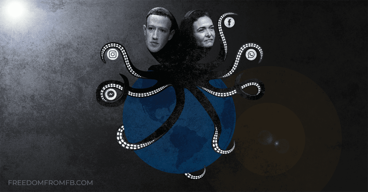 反臉書的倡議團體Freedom from Facebook以章魚造型加祖克柏與桑德伯格頭像暗諷臉書,遭臉書反擊涉反猶太歧視。(網路截圖Freedom from Facebook)