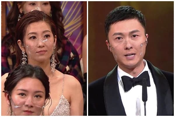 陳自瑤(左)對王浩信(右)發表感言時的無神表情,被網友們瘋傳。(翻攝自《翡翠台》截圖)