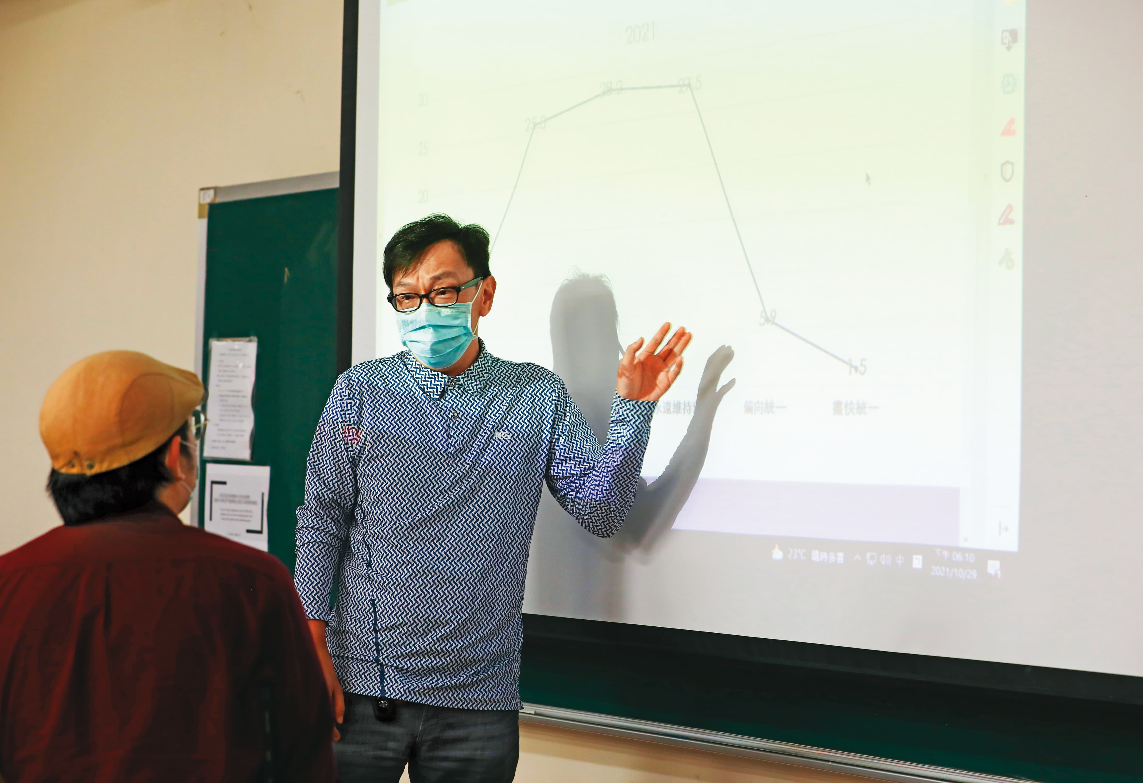 姚人多(右)以數據解釋台灣人的民族認同與統獨傾向,課後學生找他討論。