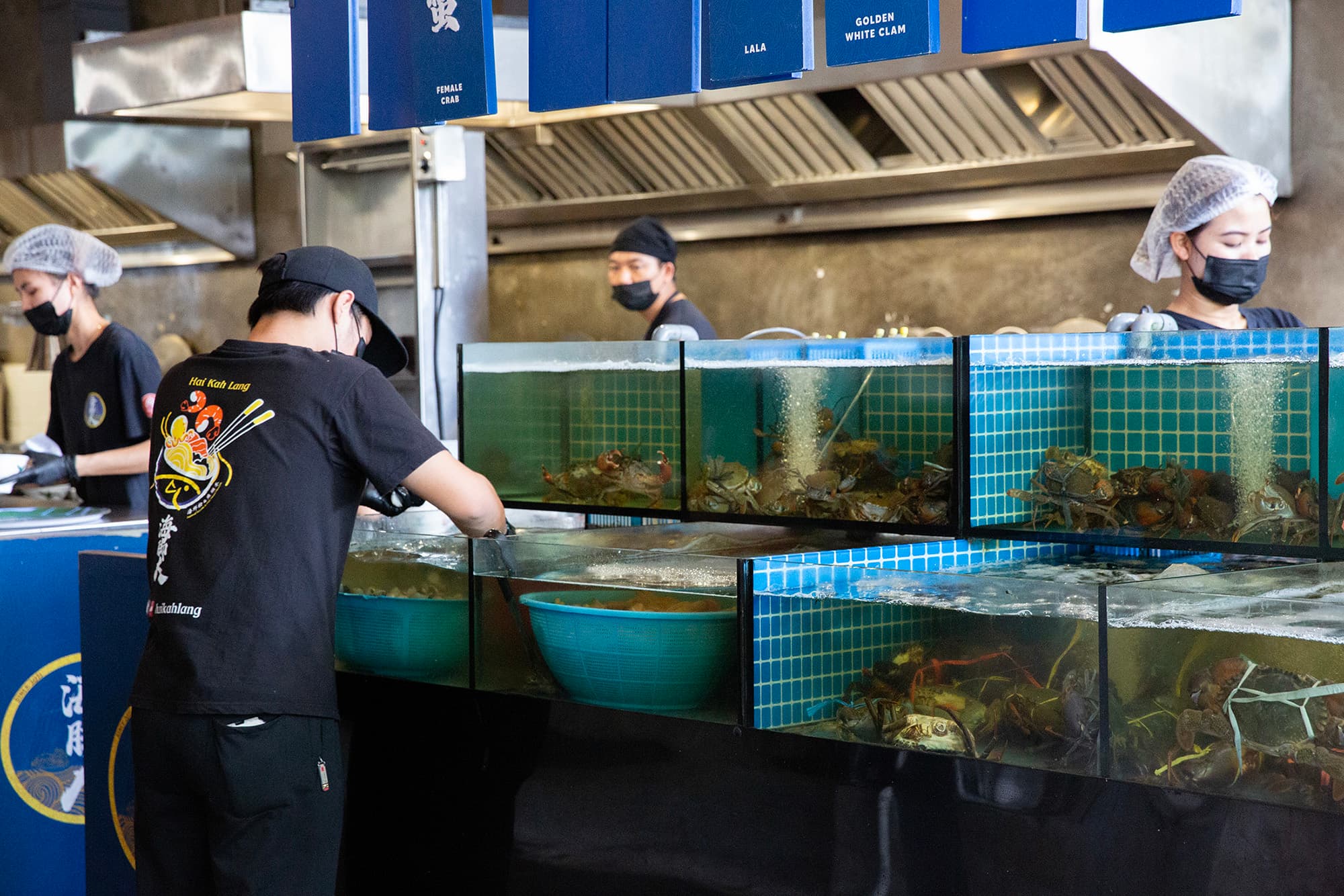 餐廳為開放式廚房,並在入口處擺放大量海鮮櫃,突顯其食材的新鮮。