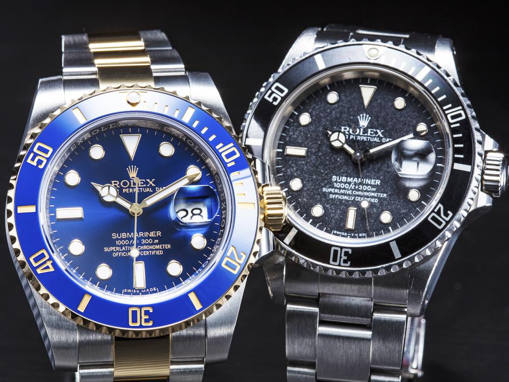  (左) Submariner Date Ref.116613LB「依珊」/功能：時、分、秒、日期顯示/防水300米/機芯：自動上鍊機芯/建議售價：NT$403,500 /(右) Submariner Date Ref.168000「Triple Zero」/功能：時、分、秒、日期顯示/防水300米/機芯：自動上鍊機芯 市價：約NT$230,000