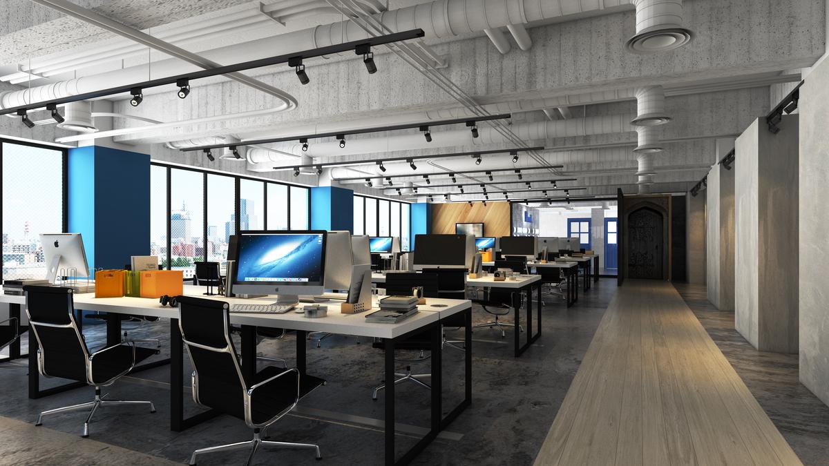 國內知名學生社群軟體辦公空間，有偶設計出藍白黑工業感的工作坊，萃取工業風的金屬、自然光、木紋等元素，拆解再融入其企業識別。（有偶設計提供）